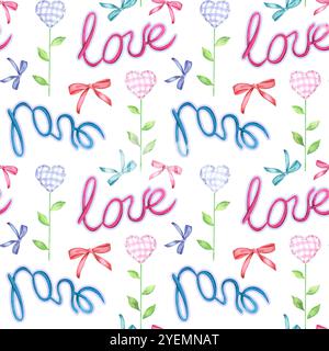 Parole D'AMORE, cuori, fiori e fiocchi in tessuto. Illustrazione delle festività con acquerello disegnata a mano, motivo senza cuciture su sfondo bianco. Raccolta per Foto Stock
