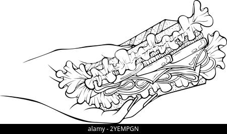 Mani che tengono la linea dei sandwich Illustrazione Vettoriale