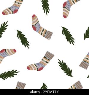 motivo natalizio senza cuciture con calze e rami di abete Illustrazione Vettoriale
