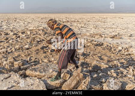 Lavoratori del sale che rompono con le crostate di legno saline blocchi dalla crosta di sale del lago Assale, vicino Hamadela, depressione di Danakil, regione di Afar, Etiopia Foto Stock