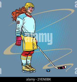 Donna sportiva che gioca a hockey su ghiaccio. Competizioni sportive e campioni in inverno. Vendita di attrezzature per Capodanno e Natale per pattinaggio su ghiaccio. RET. Pop Art Illustrazione Vettoriale