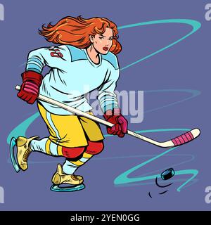Donna sportiva che gioca a hockey su ghiaccio. Competizioni sportive e campioni in inverno. Vendita di attrezzature per Capodanno e Natale per pattinaggio su ghiaccio. RET. Pop Art Illustrazione Vettoriale