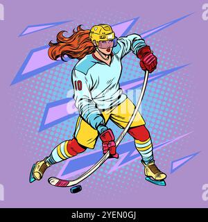 Donna sportiva che gioca a hockey su ghiaccio. Competizioni sportive e campioni in inverno. Vendita di attrezzature per Capodanno e Natale per pattinaggio su ghiaccio. RET. Pop Art Illustrazione Vettoriale