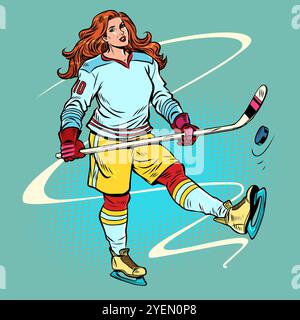 Donna sportiva che gioca a hockey su ghiaccio. Competizioni sportive e campioni in inverno. Vendita di attrezzature per Capodanno e Natale per pattinaggio su ghiaccio. RET. Pop Art Illustrazione Vettoriale