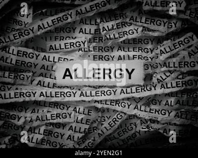 Strisce di giornale con le parole Allergy scritte su di loro. Bianco e nero. Primo piano. Foto Stock