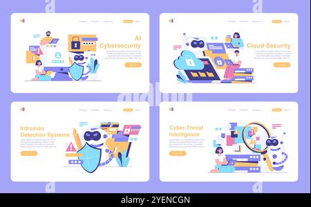 Sicurezza informatica impostata. Progettazione di interfacce di INTELLIGENZA ARTIFICIALE e sicurezza sul cloud con rilevamento delle intrusioni e analisi delle minacce informatiche. Illustrazione vettoriale. Illustrazione Vettoriale