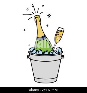 Bottiglia di champagne a una fila, secchiello del vino, bevanda alcolica e bicchiere. disegno su una linea su sfondo bianco. Illustrazione Vettoriale