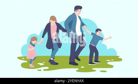 Famiglia felice che cammina mano nella mano all'aperto. Tempo di qualità tra madre, padre, figlio e figlia. Godersi la natura insieme. Illustrazione Vettoriale