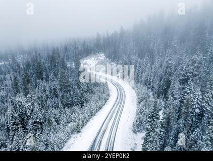 Vista aerea di una strada nella Caldera di Newberry dopo una tempesta invernale, nell'Oregon centrale, Stati Uniti Foto Stock