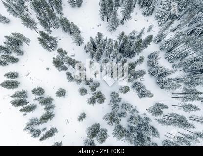 Vista aerea di un luogo per picnic nella Caldera di Newberry dopo una tempesta invernale, nell'Oregon centrale, Stati Uniti Foto Stock