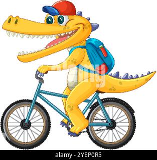 Un allegro dinosauro in bicicletta con uno zaino Illustrazione Vettoriale