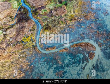 Vista aerea delle distese di marea alla foce del fiume Skagit, vicino a la Conner, Washington, USA Foto Stock