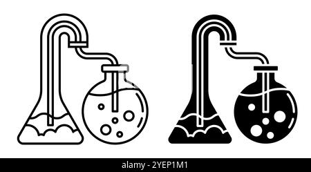 Icona lineare. Reazione chimica di Halloween che si verifica tra le provette in liquidi con rilascio di gas. Semplice vettore bianco e nero isolato su bianco Illustrazione Vettoriale