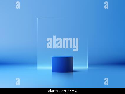 Podio cilindro blu 3D su sfondo blu con quadrato trasparente, ideale per mockup di prodotti e vetrine. Design minimalista per il branding, e Illustrazione Vettoriale