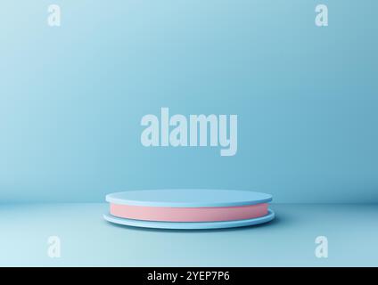 Podio cilindrico 3D rosa e blu su sfondo blu, stile minimalista per esposizione di prodotti, mockup e showroom Illustrazione Vettoriale