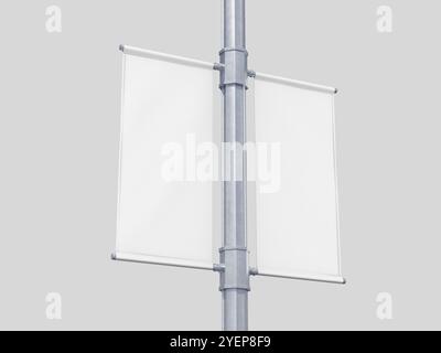 Bianco bianco bianco bianco bianco bianco su palo stradale con doppio banner 3D Render Mockup Foto Stock