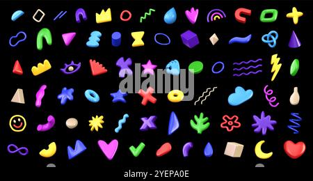 Raccolta vettoriale 3D di diverse forme di plastica astratta brillante su sfondo di colore scuro. Varietà di elementi decorativi multicolore di design in 3d CA Illustrazione Vettoriale