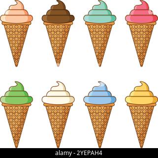 Collezione di gelati in stile piatto. Illustrazione gustosa del vettore del dessert su sfondo isolato. Il concetto di business dei segni del dolce mangiare. Illustrazione Vettoriale