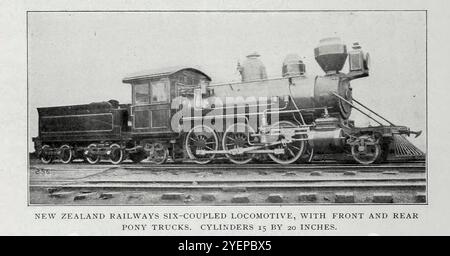 LOCOMOTIVA A SEI ACCOPPIAMENTI FERROVIARI DELLA NUOVA ZELANDA, CON PONY TRUCK ANTERIORI E POSTERIORI. CILINDRI 15 X 20 POLLICI DALL'ARTICOLO FUNZIONAMENTO EFFETTIVO DELLE LOCOMOTIVE AMERICANE SULLE FERROVIE BRITANNICHE. Di Charles Rous-Marten. Dalla rivista Engineering dedicata al progresso industriale volume XX 1900 - 1901 The Engineering Magazine Co Foto Stock