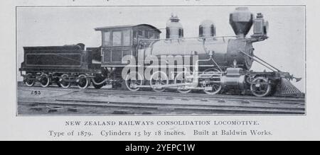 New Zealand Railways Consolidation Locomotive Type 1879 costruita a Baldwin Works a partire dall'articolo FUNZIONAMENTO EFFETTIVO DELLE LOCOMOTIVE AMERICANE SULLE FERROVIE BRITANNICHE. Di Charles Rous-Marten. Dalla rivista Engineering dedicata al progresso industriale volume XX 1900 - 1901 The Engineering Magazine Co Foto Stock