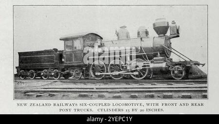 LOCOMOTIVA A SEI ACCOPPIAMENTI FERROVIARI DELLA NUOVA ZELANDA, CON PONY TRUCK ANTERIORI E POSTERIORI. CILINDRI 15 X 20 POLLICI DALL'ARTICOLO FUNZIONAMENTO EFFETTIVO DELLE LOCOMOTIVE AMERICANE SULLE FERROVIE BRITANNICHE. Di Charles Rous-Marten. Dalla rivista Engineering dedicata al progresso industriale volume XX 1900 - 1901 The Engineering Magazine Co Foto Stock