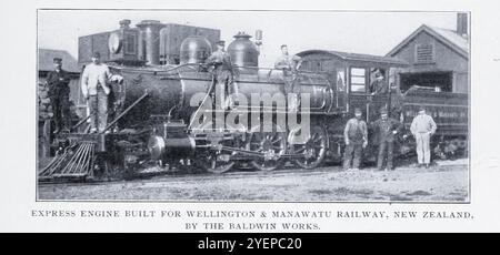 MOTORE EXPRESS COSTRUITO PER LA FERROVIA WELLINGTON & MANAWATU, NUOVA ZELANDA, DALLA BALDWIN WORKS. Questa locomotiva ha fatto il record per lo scartamento di 42 pollici — 64,2 miglia all'ora, nel 1892. Dall'articolo IL LAVORO EFFETTIVO DELLE LOCOMOTIVE AMERICANE SULLE FERROVIE BRITANNICHE. Di Charles Rous-Marten. Dalla rivista Engineering dedicata al progresso industriale volume XX 1900 - 1901 The Engineering Magazine Co Foto Stock