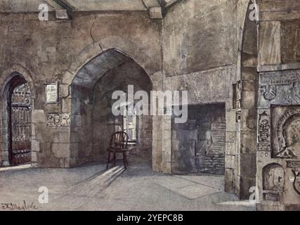 Sala principale, per i prigionieri di Stato, nella Beauchamp Tower parte della serie ' Tower of London ' dipinta da John Fulleylove e pubblicata nel 1908 Foto Stock