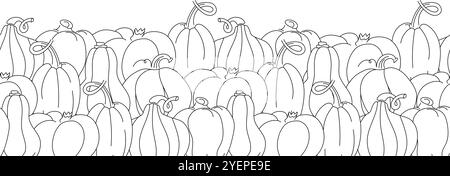 Zucche bordo senza cuciture. Schema disegnato a mano del vettore di raccolta in bianco e nero. Pagina libro da colorare infinita orizzontale. Illustrazione Vettoriale