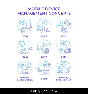 Icone di concetto gradiente blu per la gestione dei dispositivi mobili Illustrazione Vettoriale