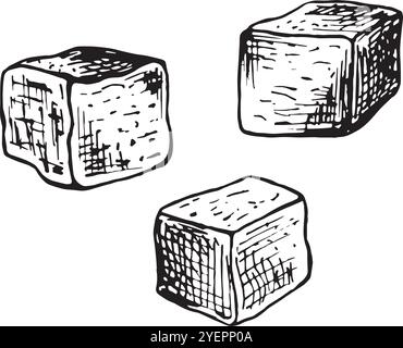 Cubetti di zucchero raffinati. Impostare gli schizzi. Illustrazione grafica vettoriale, disegnata a mano isolata. Prosciutto bianco e nero di prodotto dolce. Condimento per la cottura Illustrazione Vettoriale