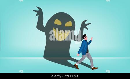 Illustrazione del disturbo d'ansia. uomini d'affari personaggio vettoriale spaventato dalla propria ombra, dubiti nelle proprie capacità Illustrazione Vettoriale