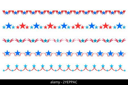 Divisori decorativi a strisce con set di elementi di design vettoriali con simboli di bandiera USA Illustrazione Vettoriale
