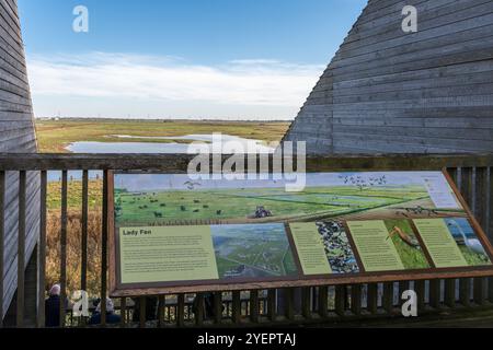 WWT Welney Wetland Centre - vista dal centro visitatori sulla riserva naturale di West Norfolk, Inghilterra, Regno Unito, con pannello informativo Foto Stock