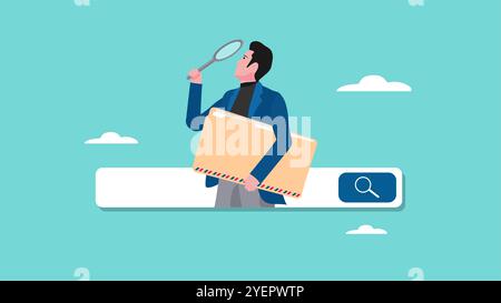 cercare nuove figure professionali con il concetto di qualcuno che cerca informazioni sul lavoro nella casella di ricerca utilizzando una lente di ingrandimento, trova un nuovo lavoro o esplora Illustrazione Vettoriale