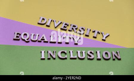 DIVERSITÀ DEI MESSAGGI UGUAGLIANZA DI INCLUSIONE. Concetto di citazioni di parole motivazionali. Sfondo colorato. Concetto creativo minimalista. Concetto identità equità b Foto Stock