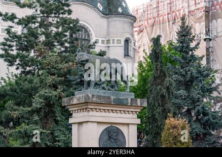 TARGU MURES, ROMANIA - 5 MAGGIO 2023: Questa è la replica della statua romana della lupa nella prefettura di Mures. Foto Stock