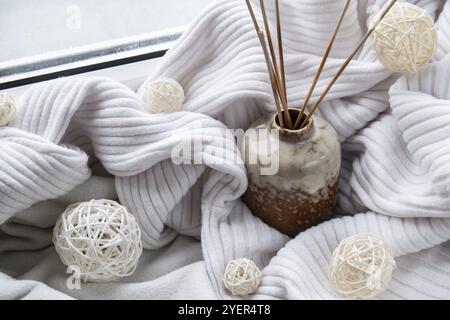 Diffusore di canne aromatiche. Contenitore per bottiglie con diffusori in bastone di legno oli essenziali per profumare la tua casa vacanze autunnali in una casa accogliente il giorno stesso Foto Stock