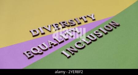 DIVERSITÀ DEI MESSAGGI UGUAGLIANZA DI INCLUSIONE. Concetto di citazioni di parole motivazionali. Sfondo colorato. Concetto creativo minimalista. Concetto identità equità b Foto Stock