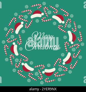 Cappellini di Babbo Natale, fiocchi di neve e cornice circolare Candy cane a righe con scritta buon Natale su smeraldo. Illustrazione vettore isolato biglietti d'auguri opuscoli, banner, prezzo, etichetta o modello promozionale Web Illustrazione Vettoriale