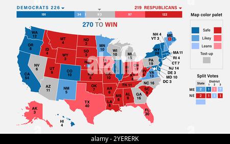 Voto 2024, carte elettorali di consenso per le elezioni presidenziali. Risultati elettorali USA 2024. Banner infografica modificabile per il voto negli Stati Uniti. Vettore Illustrazione Vettoriale