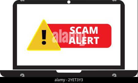 Cartelli di avviso di truffa gialli e rossi sullo schermo di un notebook su sfondo bianco Illustrazione Vettoriale