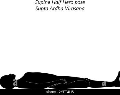 Silhouette di donna che pratica Supta Ardha Virasana yoga pose. Posa dell'eroe supino o mezza sella. Illustrazione vettoriale isolata Illustrazione Vettoriale