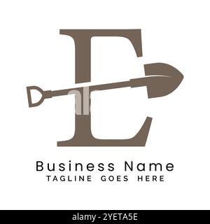 Design logo pala Letter E. Icona di costruzione alfabeto E. Illustrazione Vettoriale