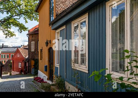 Traditionelle Holzhäuse in der Damstredet, Oslo, Norwegen, Case tradizionali a Damstredet, Oslo, Norvegia Foto Stock