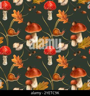 Funghi autunnali con lumaca, ghiande e foglie. Motivo ad acquerello rustico e senza cuciture della foresta. Ideale per la carta da parati, l'involucro e il tessuto stagionali Foto Stock
