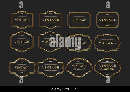 Elegante set di cornici vintage dorate su sfondo nero, testo . Illustrazione vettoriale ornata, pattern, monogrammi Illustrazione Vettoriale