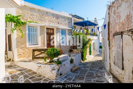 Piccola strada stretta del villaggio greco di Lefkes con case in pietra con piccolo cortile all'aperto, l'isola di Paros Foto Stock