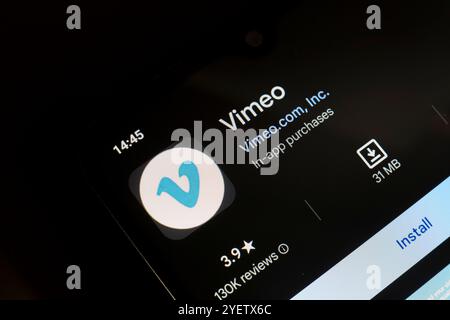1° novembre 2024, Brasile. In questa immagine, il logo dell'app Vimeo viene visualizzato sullo schermo di uno smartphone Foto Stock