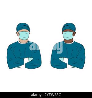 Medico in piedi con le braccia incrociate. Art. Linea. Chirurgo con guanti, maschera e uniforme. Illustrazione vettoriale disegnata a mano. Illustrazione Vettoriale