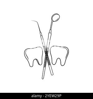 Denti e strumenti dentali. Art. Linea. Concetto di assistenza sanitaria dentale. Illustrazione vettoriale disegnata a mano. Illustrazione Vettoriale